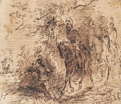 Bereden soldaten observeren drie andere soldaten door Leopold Blonder