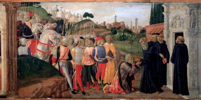 Totila, koning van de Ostrogoten bezoekt Benedictus van Nursia (detail) door Neroccio di  Landi