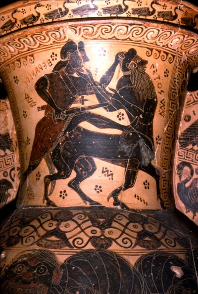 Hercules en de centaur Setos, detail van Griekse pot, Korinthisch, 7e eeuw v.Chr. door Nessos Painter