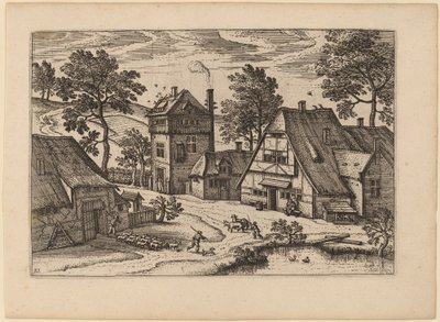 Dorp met vijver door Netherlandish 16th Century