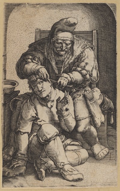 De Chirurg [omgekeerde kopie] door Netherlandish 16th Century, after Lucas van Leyden