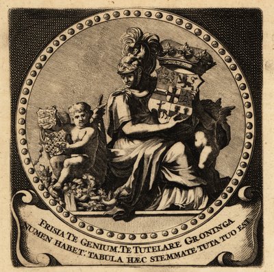 Allegorische figuur van Friesland en Groningen met wapenschilden door Netherlandish School
