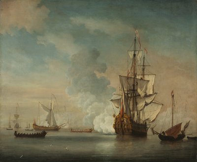 Engels oorlogsschip vuurt een saluut af door Netherlandish School