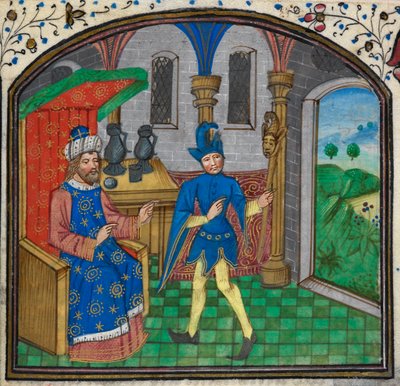 Een dwaas met zijn meester, uit een Getijdenboek door de Mildmay Meester, c.1460-70 door Netherlandish School