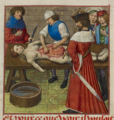 Nero kijkt toe terwijl zijn moeder Agrippina wordt ontleed, illustratie uit 