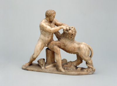 Hercules worstelt met de Nemeïsche leeuw (albast) door Netherlandish School
