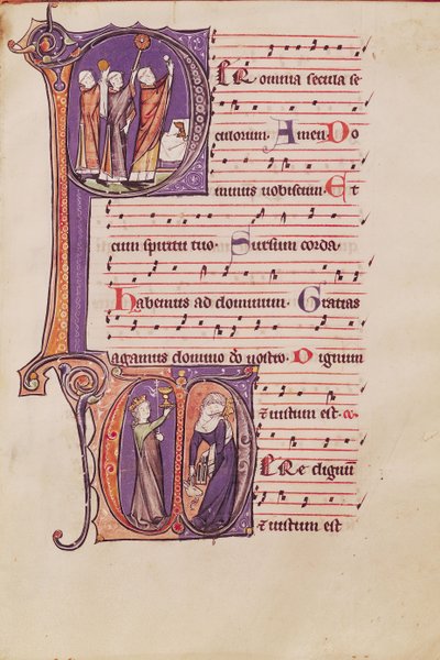 Geïllustreerde initialen P die de Elevatie van de Hostie uitbeelden en D die de Kerk en de Synagoge uitbeelden, uit een Missaal van de Abdij van St. Peter de Grote door Netherlandish School