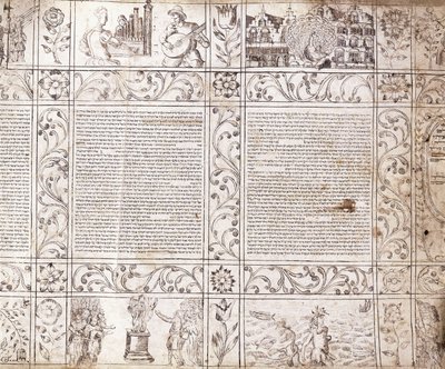 Verlicht manuscript in Sefardisch schrift, met scènes uit het Nederlandse leven en de Bijbel met bloemcartouches, 17e eeuw door Netherlandish School
