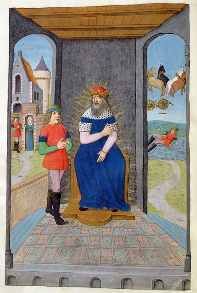 Phaëton leent een wagen van zijn vader en wordt gedood, uit Metamorfosen 2 van Ovidius, 1479 door Netherlandish School