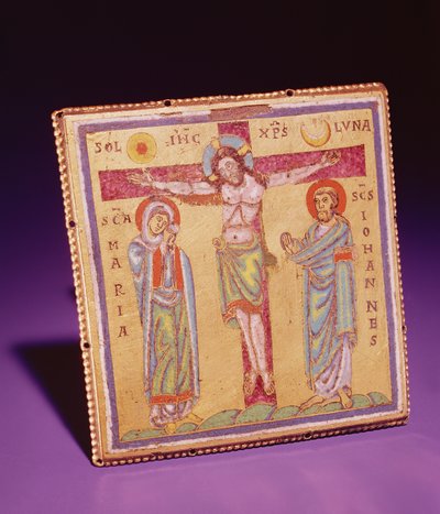 Plaquette met de Kruisiging, ca. 1150-75 (champlevé & cloisonné email, koperlegering & verguld) door Netherlandish School