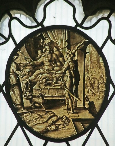 Rondel: Koning Ahasveros met Haman (het boek Esther) door Netherlandish School
