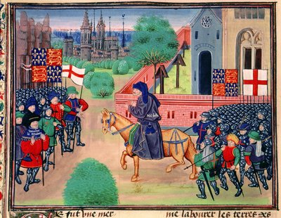 Opstand van de boeren toont de banieren van Engeland en St. George, John Ball leidt de rebellen, illustratie uit 