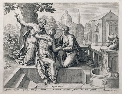 Susanna en de Ouderen, uit een serie die scènes uit de Bijbel illustreert, uitgegeven door Claes Jansz Visscher ca. 1590 door Netherlandish School