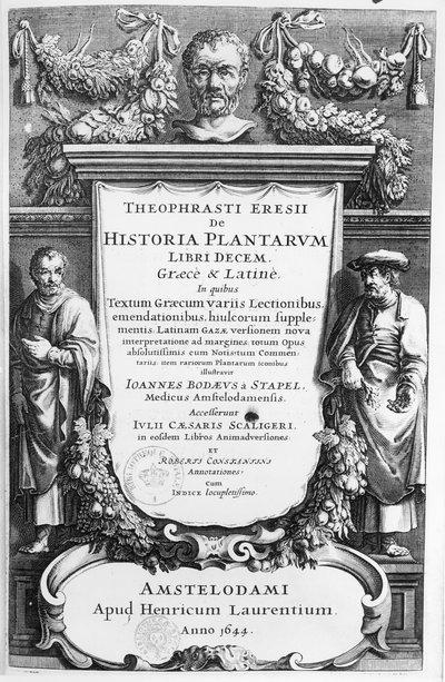 Titelpagina van Historia Plantarum Libri Decem door Theophrastus (ca.372-ca.287 v.Chr.) gepubliceerd in Amsterdam in 1644 door Netherlandish School
