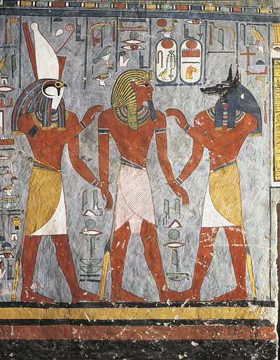 Farao tussen goden Harsiesis en Anubis door New Kingdom Egyptian