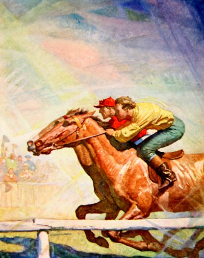 Vloekend en zweepslagen, de Jockey reed naar de finish (kleur litho) door Newell Convers (after) Wyeth