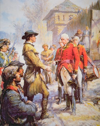 George Rogers Clark accepteert de overgave van de Britse commandant Henry Hamilton in Fort Sackville, 25 februari 1779 door Newell Convers (after) Wyeth