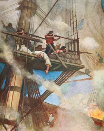 Het gevecht in de Vuurbergen tegen een Engels schip door Newell Convers (after) Wyeth