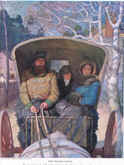 De familie Fraser: Hij zat stijf en verhit, in de oude chaise tussen zijn ouders door Newell Convers Wyeth