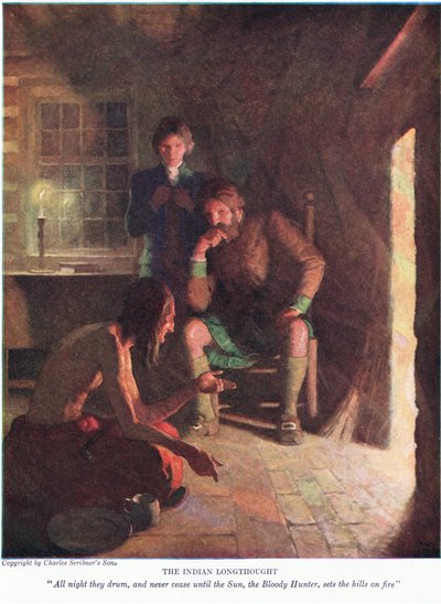 De Indiaan dacht lang na! De hele nacht trommelen ze, en stoppen niet totdat de zon, de bloedige jager, de heuvels in brand zet door Newell Convers Wyeth