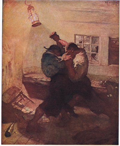 Het gevecht in de grot: Het toonde me Hands en zijn metgezel verstrikt in een dodelijke worsteling door Newell Convers Wyeth