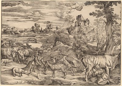 Landschap met een Melkmeisje door Niccolò Boldrini after Titian