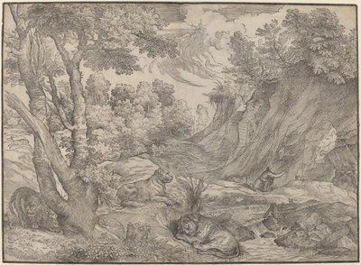 Sint Hiëronymus in de Wildernis door Niccolò Boldrini after Titian