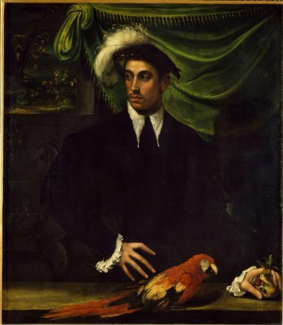 Portret van een jonge man met papegaai door Niccolò dell Abbate