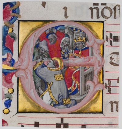 Manuscript Illuminatie met het Martelaarschap van Sint Stefanus in een Initiaal E..., ca. 1394-1402 door Niccolò di Giacomo da Bologna