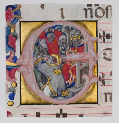 Manuscript Verlichting met het Martelaarschap van Sint Stefanus in een Initiaal E door Niccolò di Giacomo da Bologna