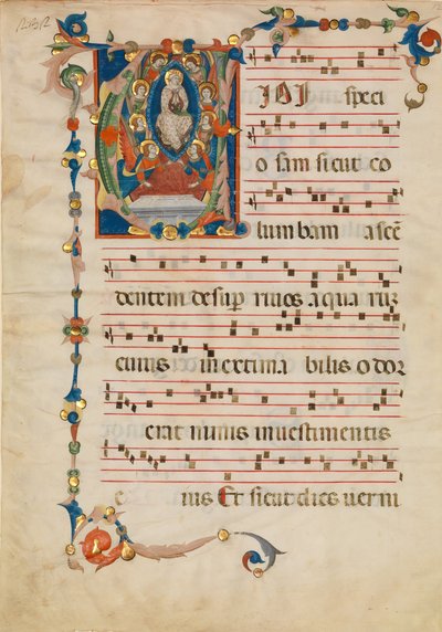 Manuscriptblad met de Tenhemelopneming van de Maagd in een Initiaal V, uit een Antifonarium, ca. 1340 door Niccolò di ser Sozzo