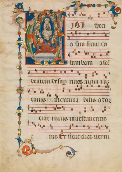 Manuscriptblad met de Tenhemelopneming van de Maagd in een initiaal V, uit een antifonarium, ca. 1340 door Niccolò di ser Sozzo
