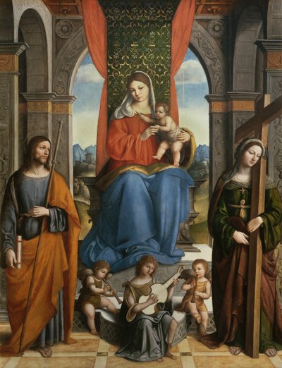 Madonna en Kind met St. Jacobus van Galicië en St. Helena door Niccolo  Pisano