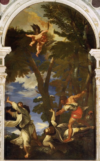St. Peter Martelaar Gestoken door Gehuurde Moordenaars (kopie van het schilderij door Titiaan verloren in de brand van de Rozenkranskapel) door Niccolo Cassana