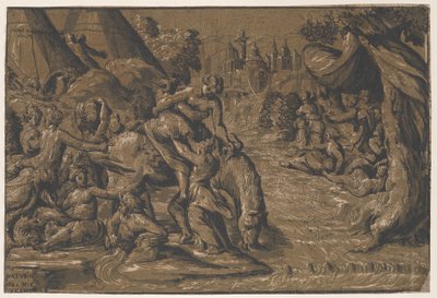 Cloelia de Romeinse heldin in het midden die op een paard wordt geholpen, Rome op de achtergrond..., 1540-50 door Niccolo Vicentino