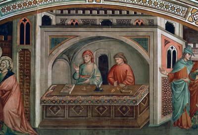 Twee bankiers, detail uit het leven van Sint Mattheüs door Niccolo di Pietro Gerini