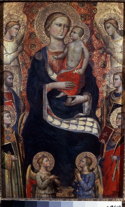 Maagd met kind, heiligen en engelen. door Niccolo di Pietro Gerini