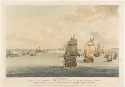 Na Pocock, Deze prent die de Britse vloot onder bevel van admiraal Sir Hyde Parker, met vice-admiraal Lord Nelson, K.B. en schout-bij-nacht Thomas Graves voorstelt door Nicholas (after) Pocock