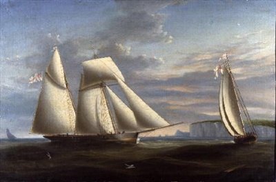 Een topzeilschoener en een schoener van de Royal Yacht Squadron voor de kust van Dorset door Nicholas (circle of) Condy