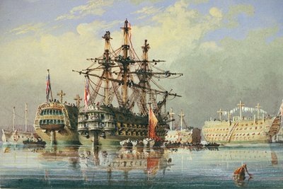 Schepen in gewone dienst in Devonport, c.1850 door Nicholas Condy