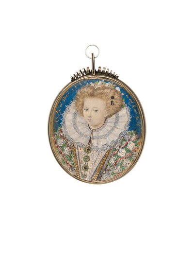 Een meisje van het Elizabethaanse hof, 6 jaar oud, in uitgebreide jurk en kanten kraag door Nicholas Hilliard