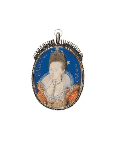 Een dame in gouden jurk met hoge kraag, 1605 door Nicholas Hilliard