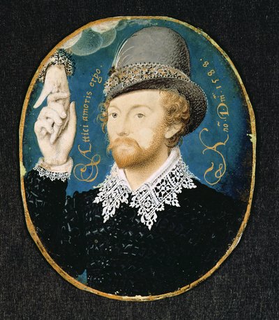 Man die hand uit een wolk grijpt, mogelijk William Shakespeare, 1588 door Nicholas Hilliard