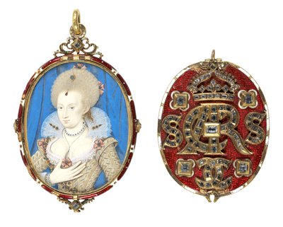 Portretminiatuur van koningin Anna van Denemarken (1574-1619) met juwelen omslag, c.1611 door Nicholas Hilliard