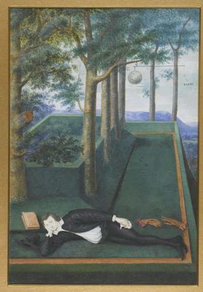 Portret van een liggende edelman in een begroeide hof door Nicholas Hilliard