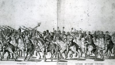 Plaat 12 en 13 van de intocht van paus Clemens VII en keizer Karel V in Bologna op 24 februari 1530, gepubliceerd ca.1530 door Nicholas Hogenberg