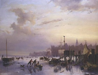Een winter rivierlandschap met talrijke schaatsers door Nicholas Jan Roosenboom