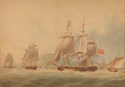 Een konvooi vertrekt, vergezeld door een fregat [mogelijk de 