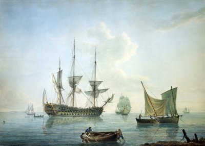 Derdeklas fregat (70 kanonnen), een vissersboot en andere boten voor de zuidkust van Engeland door Nicholas Pocock