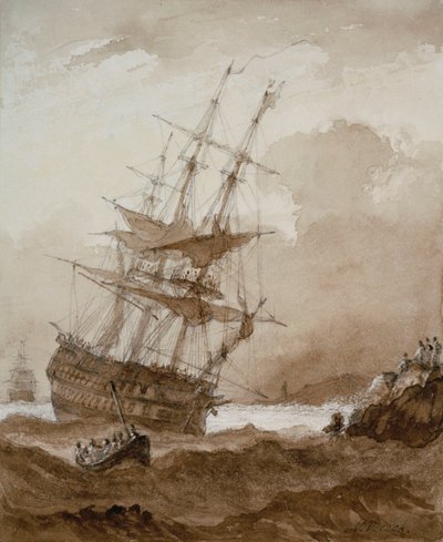 Tweedekker in een storm aan de kust, laat 18e tot begin 19e eeuw door Nicholas Pocock